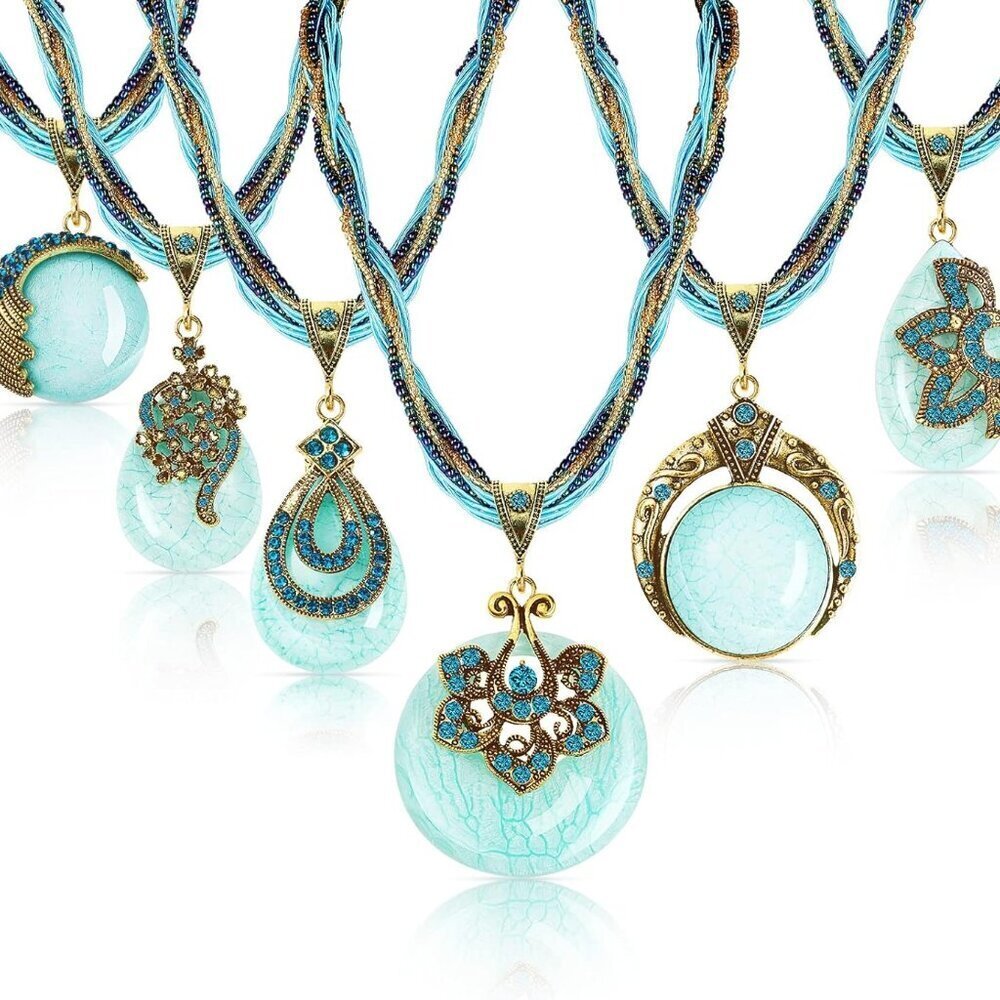 Women Bohemian Necklace Set Turquoise Rhinestone Vintage Cape Jewelry